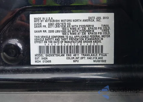 2013 Mitsubishi Outlander Sport Es from USA, damaged, VIN 4A4AP3AU5DE014285